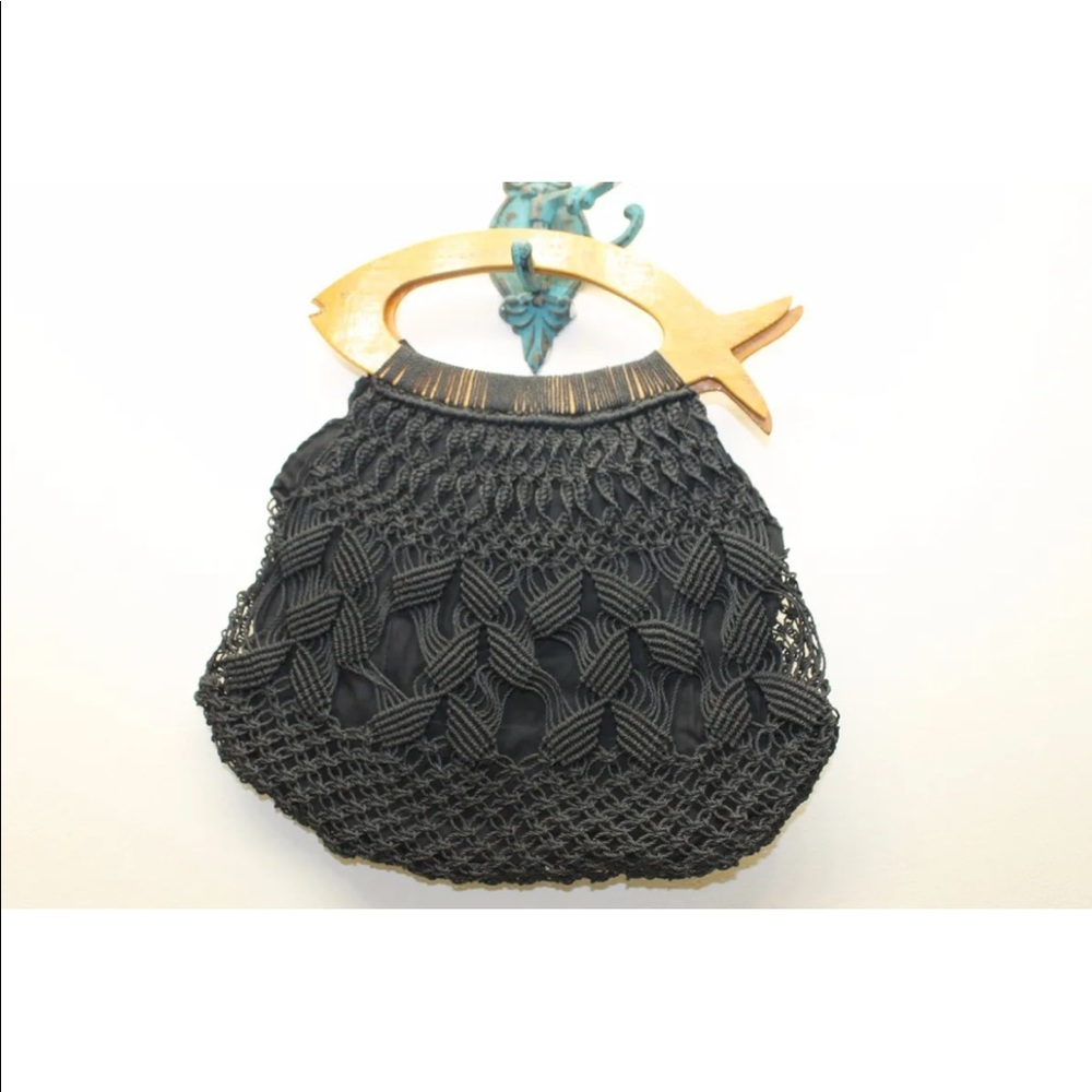 Barbados Women Black Macrame Purse Bag Fish Wooden Handle Hand Woven Summer
